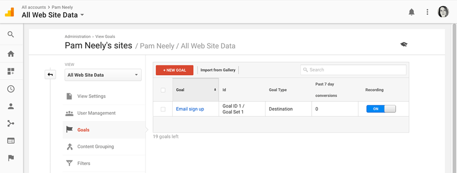 How do goals look in Google Analytics admin